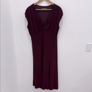 Jones Wear Burgundy Sheath Midi Dress with Pleated V Neck